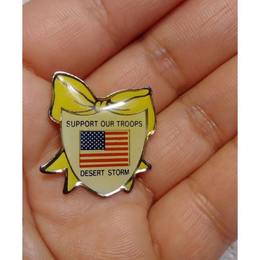 Desert Storm  Support Our Troops Desert Storm Lapel Yellow US Flag Vintage Pin